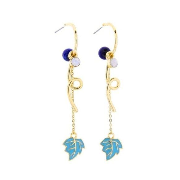Enamel Glaze Natural Stone Leaf Gold Dangle Statement Earrings - Picture 1 of 8
